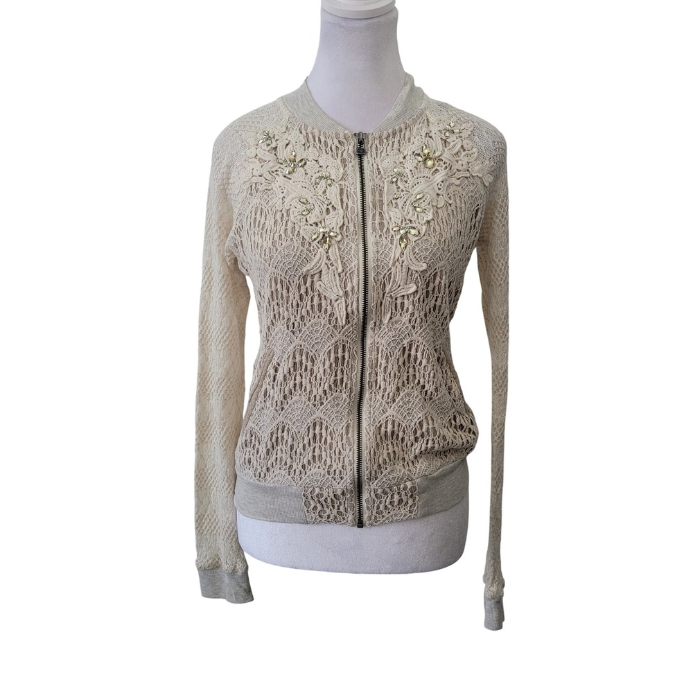 Miss Me S Lace French Terry Sweatshirt Jacket‎ Cream Embellished Rhinestone Zip